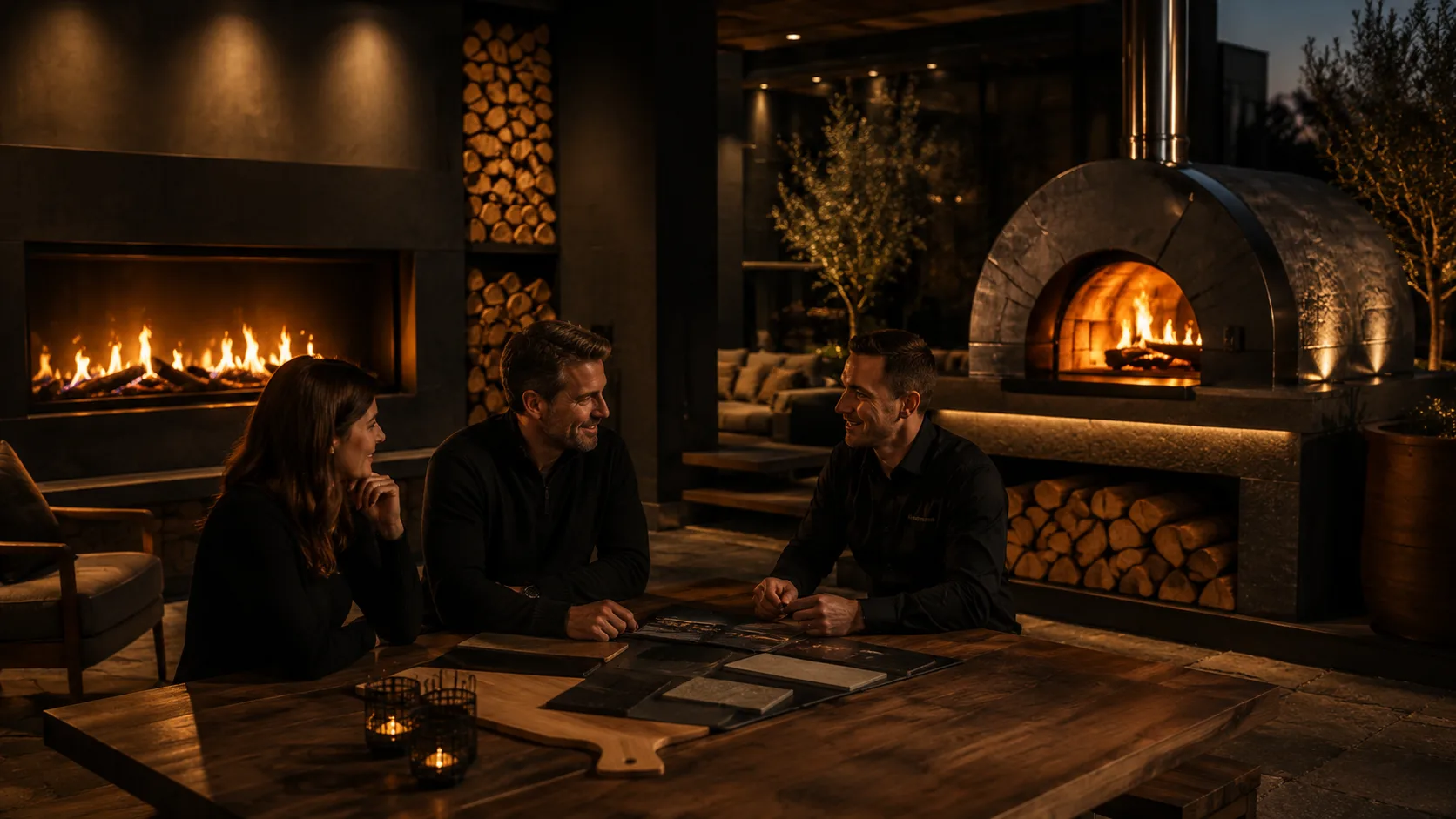 Fire & Dine stone-finished pizza oven in an outdoor living space