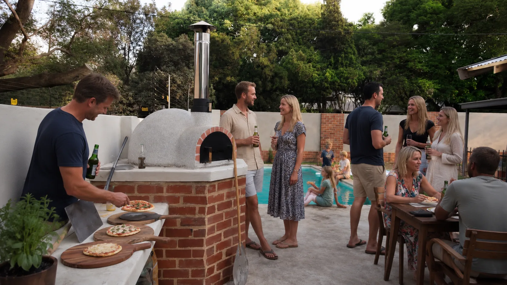 Fire & Dine poolside pizza oven gathering with family and friends
